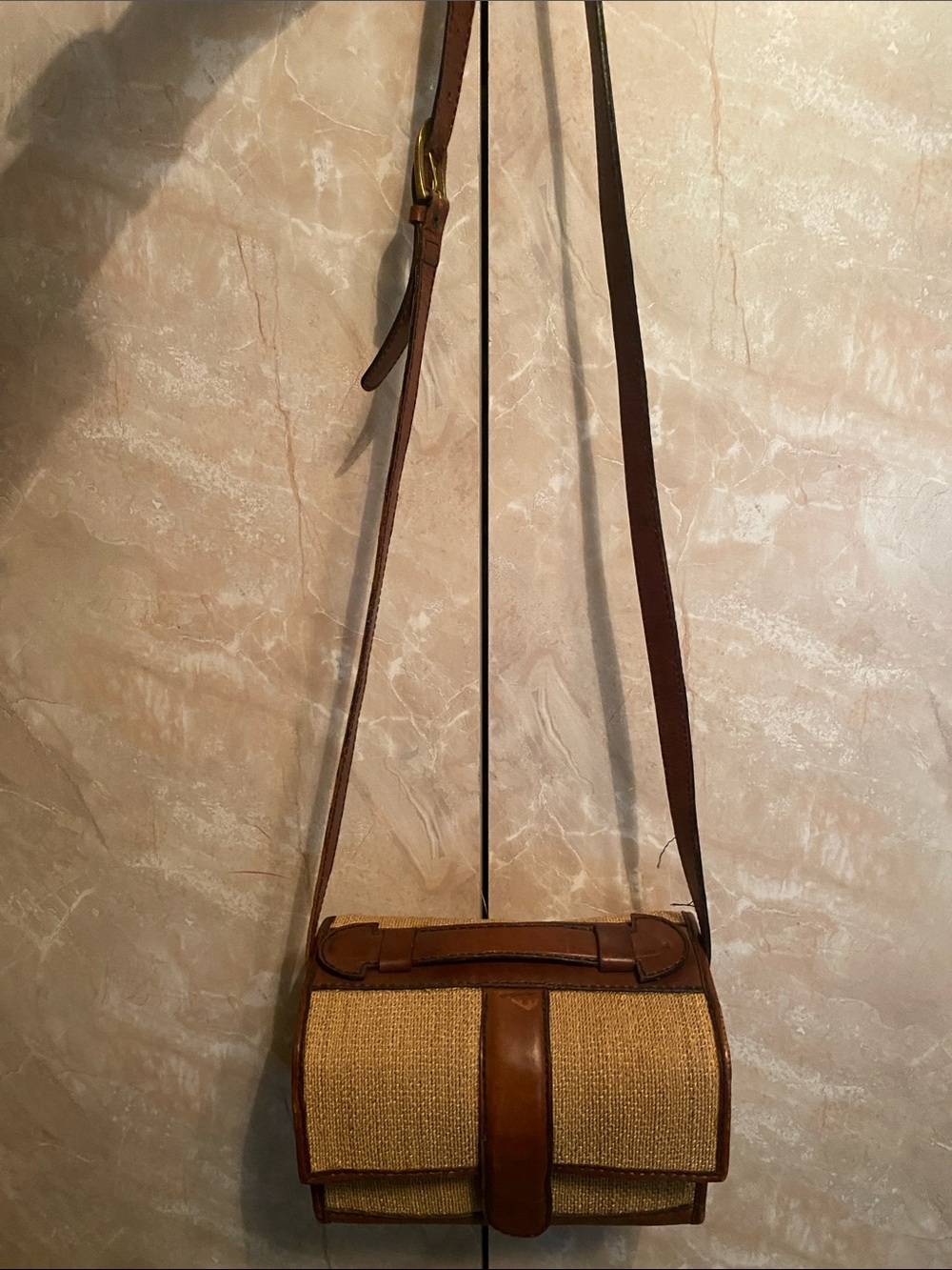 Woven Straw Crossbody Camera Bag with Brown Leather Trim - Picture 5 of 6